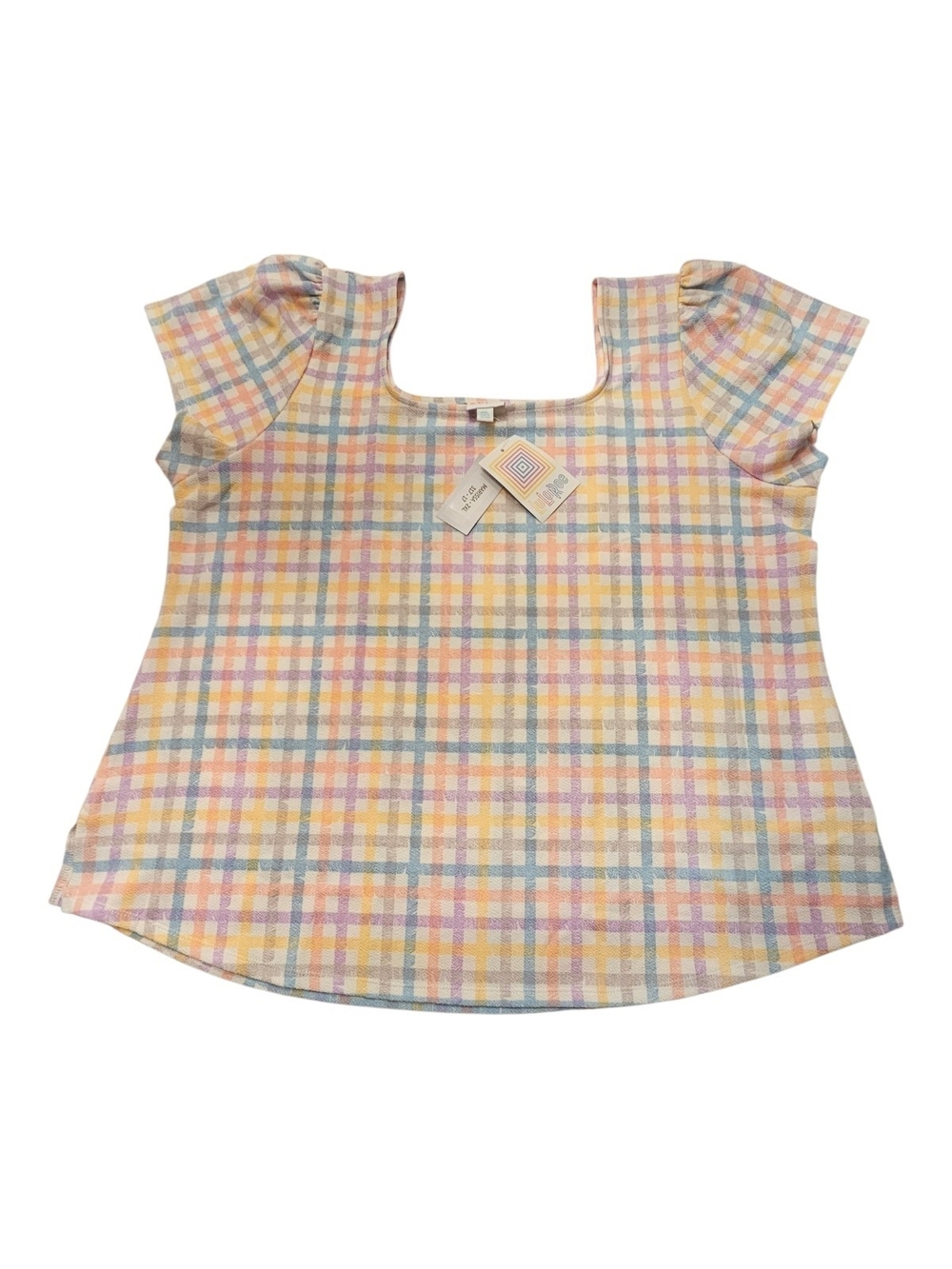 LuLaRoe Pastel Plaid Square-Neck Blouse in Yellow, Pink & Blue